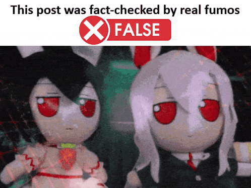 A Picture Of Two Stuffed Dolls With A Red X Next To Them That Says This Post Was Fact-Checked By Real Fumos GIF