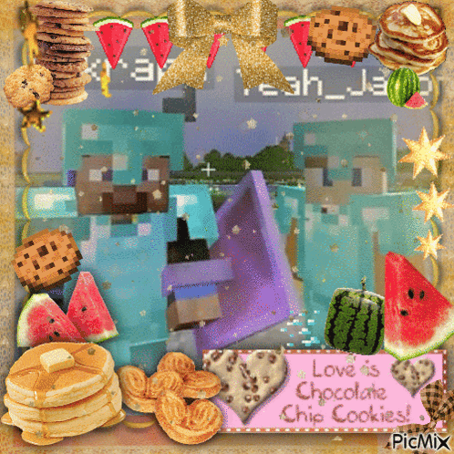 A Picture Of Watermelon Pancakes And Cookies With A Sign That Says Love As Chocolate Chip Cookies GIF