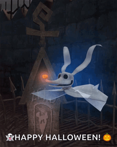 A Picture Of Zero From The Nightmare Before Christmas And The Words Happy Halloween GIF