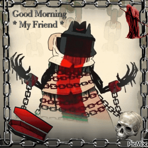 A Picture That Says Good Morning My Friend With A Coffin And A Grim Reaper GIF