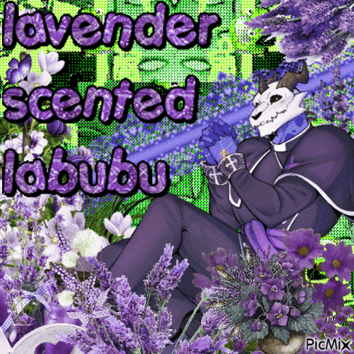 A Picture With Purple Flowers And The Words Lavender Scented Labubu GIF