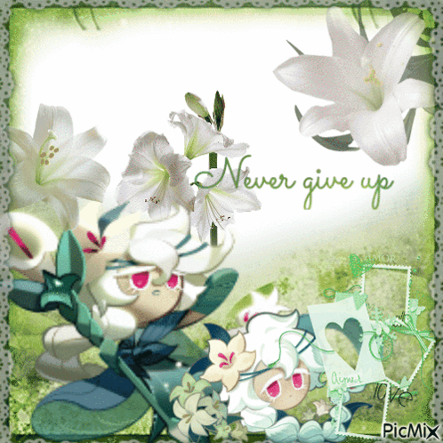 A Picture With White Flowers And The Words " Never Give Up " GIF