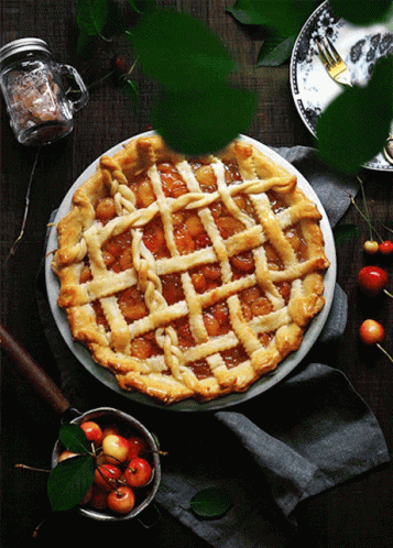 A Pie With A Lattice Crust Sits On A White Plate GIF