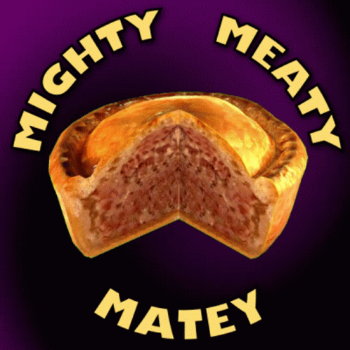 A Pie With A Slice Taken Out Of It And The Words Mighty Meaty Matey GIF