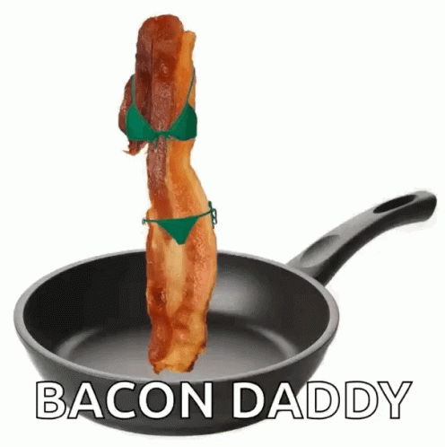 A Piece Of Bacon In A Bikini Is In A Frying Pan With Bacon Daddy Written On The Bottom GIF