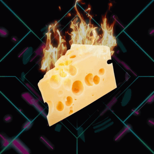 A Piece Of Cheese With Flames Coming Out Of It On A Dark Background GIF