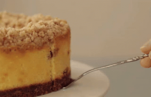 A Piece Of Cheesecake With Raisins And Crumb Topping On A White Plate GIF