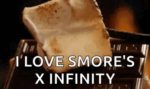 a piece of s'mores sitting on top of a chocolate bar with the words i love smores x infinity written below