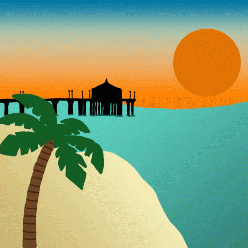 A Pier With A Palm Tree In The Foreground And A Sunset In The Background GIF