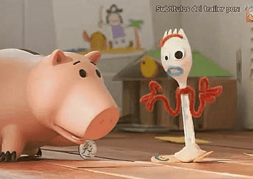 a pig and a fork are standing next to each other in a room .