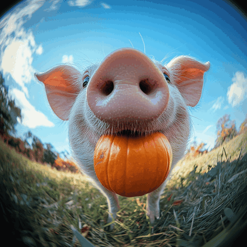 A Pig Holds A Pumpkin In Its Mouth And Looks At The Camera GIF