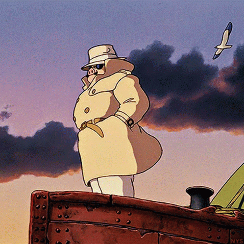 A Pig In A Trench Coat And Hat Stands On A Boat GIF