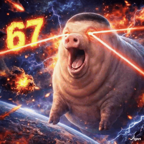 A Pig Is Flying Through Space With The Number 67 In The Background GIF