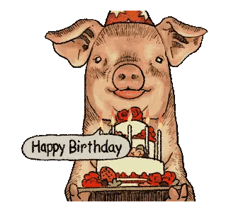 a pig is holding a birthday cake with candles and a sign that says happy birthday