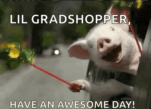 A Pig Is Holding A Red Stick With The Words Lil Gradshopper Have An Awesome Day GIF
