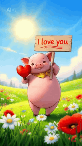 A Pig Is Holding A Sign That Says I Love You And A Heart . GIF