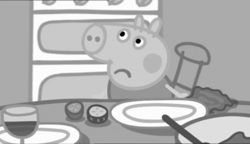 A Pig Sits At A Table With Plates And A Glass Of Wine GIF