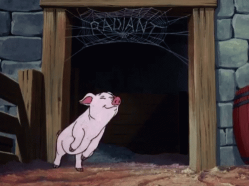 A Pig Standing In Front Of A Sign That Says Radiant GIF