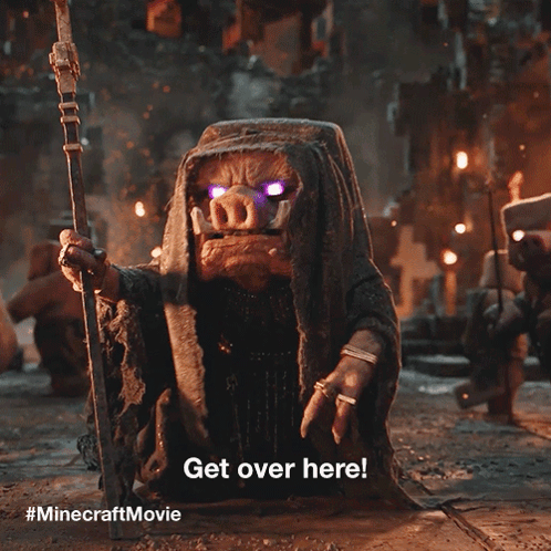 A Pig With Purple Eyes Is Holding A Stick And Says " Get Over Here " GIF