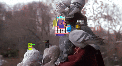 A Pigeon Is Sitting On A Person 'S Shoulder With A Pixelated Image Of A Man Behind It GIF