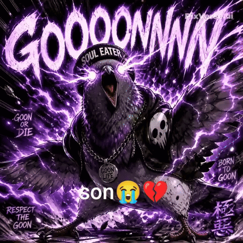 a pigeon wearing a hat that says soul eater and a necklace that says goon life
