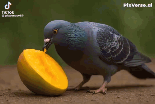 A Pigeon With A Blue Eye Is Eating A Mango Slice GIF