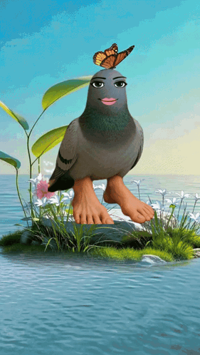 A Pigeon With A Butterfly On Its Head Standing On A Rock GIF