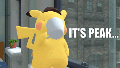 A Pikachu Drinking A Cup Of Coffee With The Words It 'S Peak Behind Him GIF