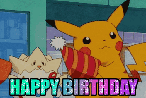 A Pikachu Wearing A Party Hat With The Words Happy Birthday Below It GIF