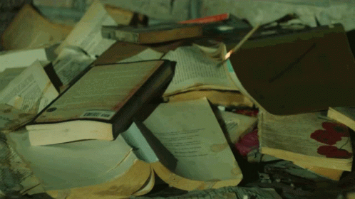 A Pile Of Books Are On Fire And One Of Them Has A Barcode GIF