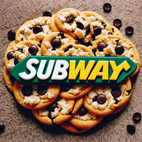 A Pile Of Cookies With A Subway Sign In The Background GIF
