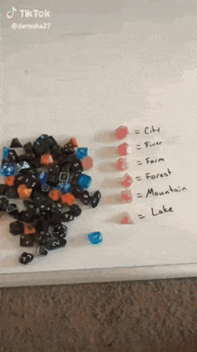 A Pile Of Dice Is Sitting On A White Board With The Words City River Farm Forest Mountain Lake Written On It . GIF