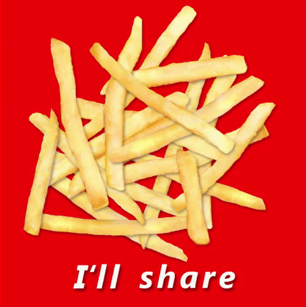 A Pile Of French Fries On A Red Background With The Words I 'Ll Share Below It GIF