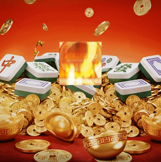 A Pile Of Gold Coins And Mahjong Tiles With A Picture Of A Fire Behind Them GIF