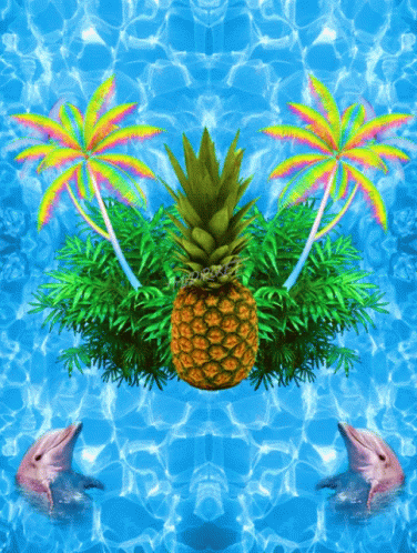 A Pineapple Is Surrounded By Palm Trees And Two Dolphins GIF