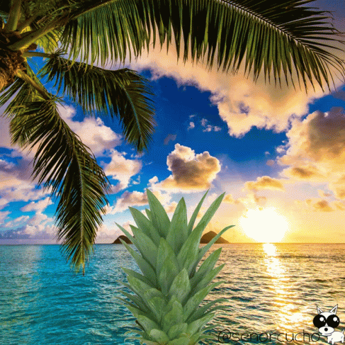 A Pineapple Stands In Front Of A Palm Tree Overlooking A Body Of Water GIF