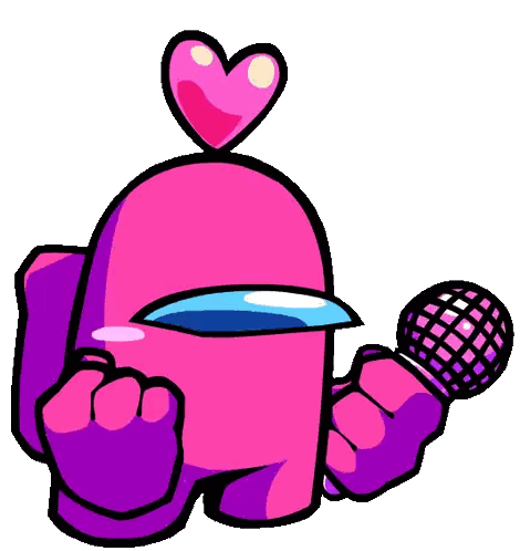 a pink among us character is holding a microphone and has a heart on its head .