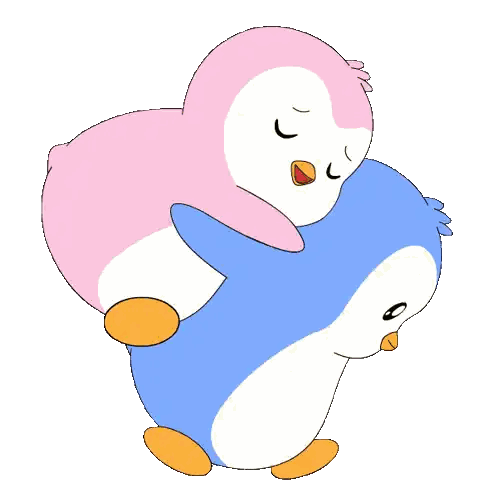 a pink and a blue penguin are hugging each other on a white background