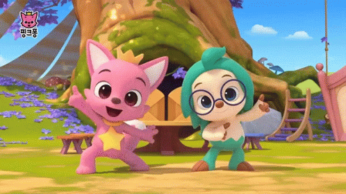 A Pink And A Green Cartoon Character Are Dancing In Front Of A Tree .. GIF