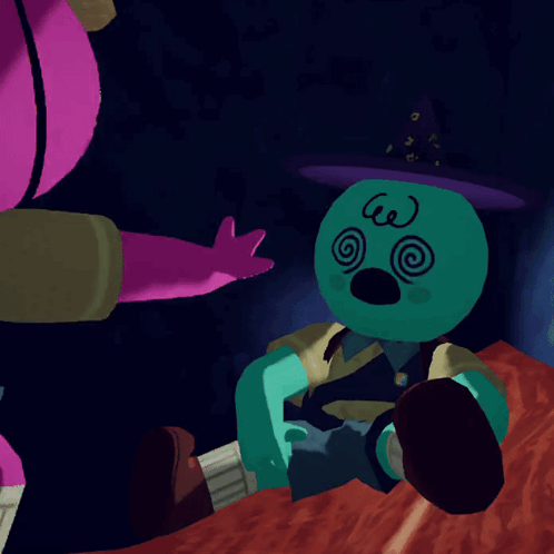 A Pink And A Green Cartoon Character With A Swirl On Their Face GIF