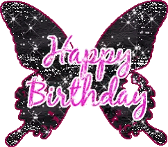 a pink and black butterfly with the words happy birthday written on it