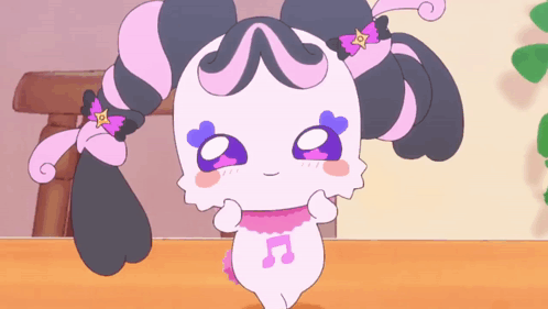 A Pink And Black Cartoon Character With A Music Note On Her Chest GIF