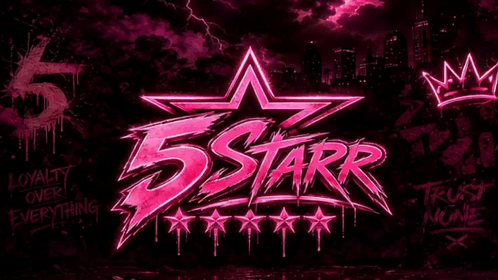 A Pink And Black Logo For 5 Starr With A City In The Background GIF