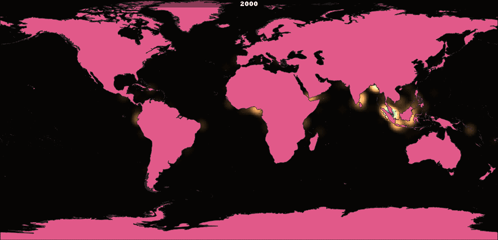 A Pink And Black Map Of The World With The Year 2010 At The Bottom GIF