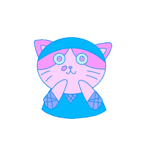 a pink and blue cat with the words wow written above it