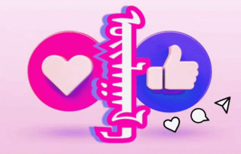 A Pink And Blue Circle With A Heart And A Thumbs Up On It GIF