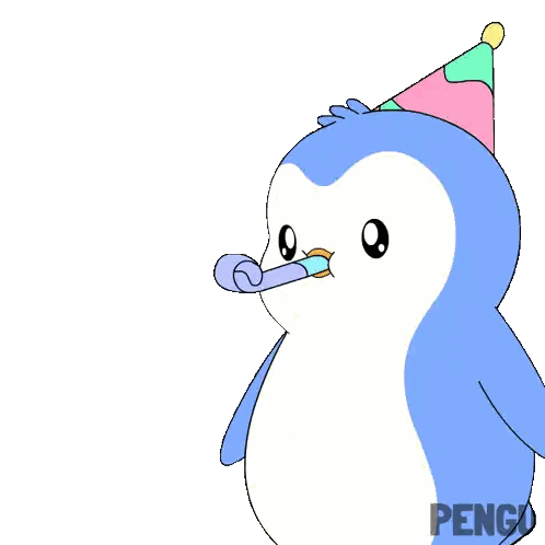a pink and blue penguin blowing a party horn and another penguin wearing a party hat
