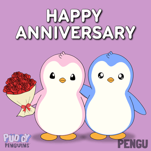 A Pink And Blue Penguin Holding A Bouquet Of Red Roses GIF