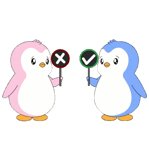 a pink and blue penguin holding a sign with an x on it
