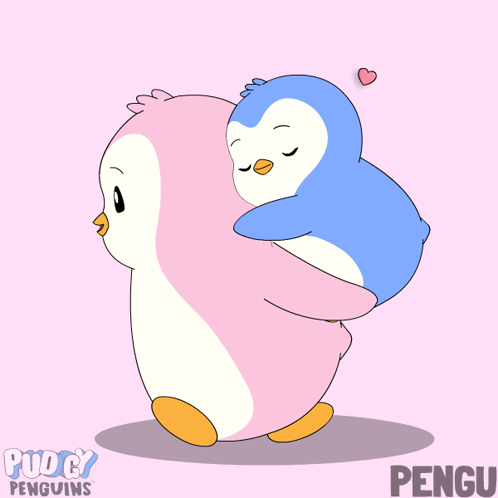 A Pink And Blue Penguin Hugging Each Other With The Name Pengu On The Bottom Right GIF